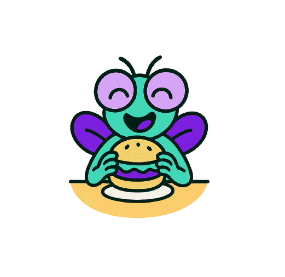 Mosca mascot enjoying a burger